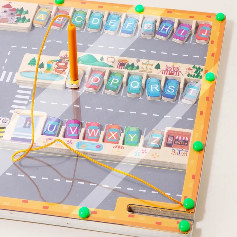 Close-up of the magnetic alphabet maze board