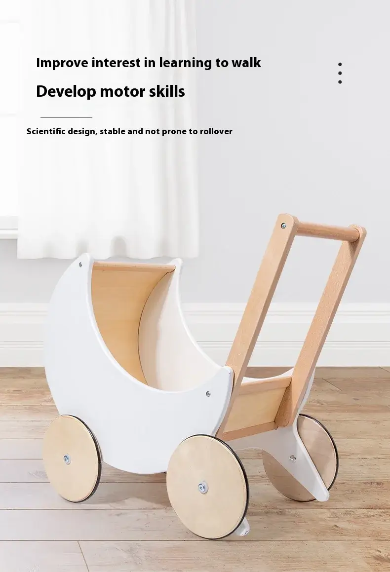 Wooden Doll Pram Moon Shape Develop Motor Skills