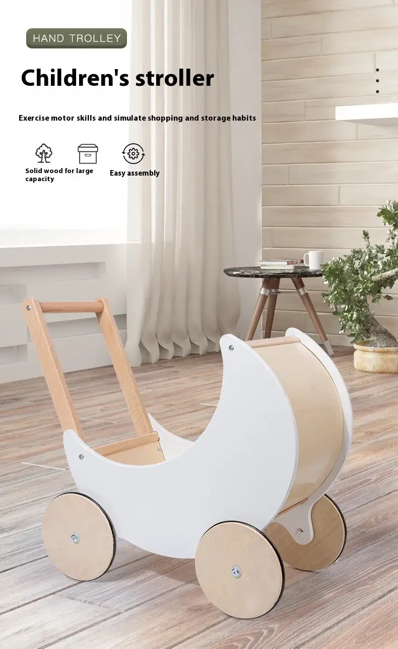 Wooden Doll Pram Moon Shape In house