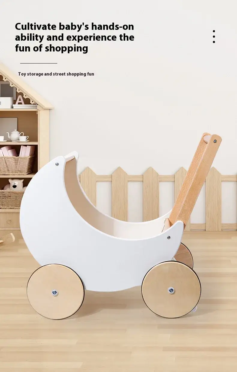 Wooden Doll Pram Moon Shape for Motor Skill