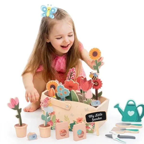 Wooden garden play set for kids with flowers and planter